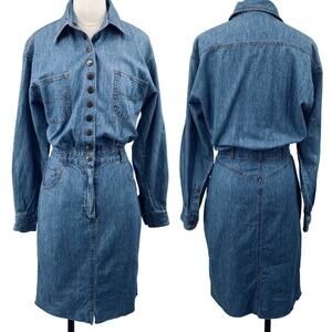 Vintage 90s Denim Shirt Dress Blouson Pencil Skirt Long Sleeve Snap Front Blue S
